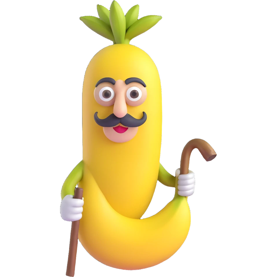 banana with cane, extremely old appearance, bushy gray mustache, sagging peel, wise eyes, 3D style, plain background emoji