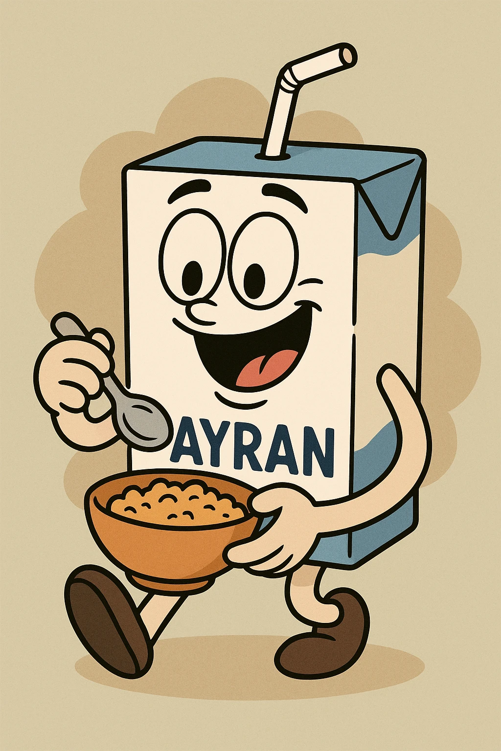 Ayran kutusu, mutlu şekilde yemek yerken, çizgi film tarzında, flat toon style emoji