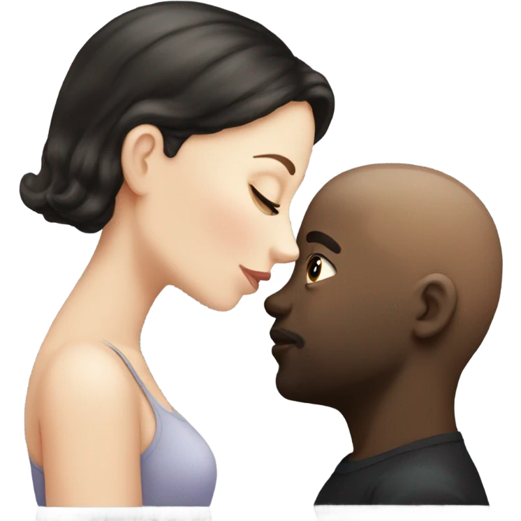 White girl dark hair kissing bald black man emoji