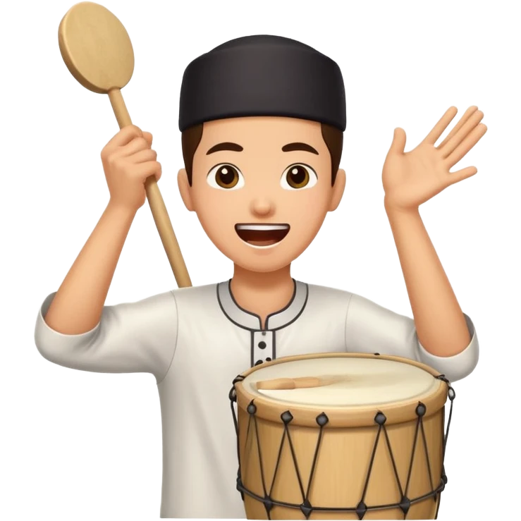 person enthusiastically beating a drum and shouting 'tung tung tung sahur', festive and energetic, Ramadan sahur wake-up call emoji