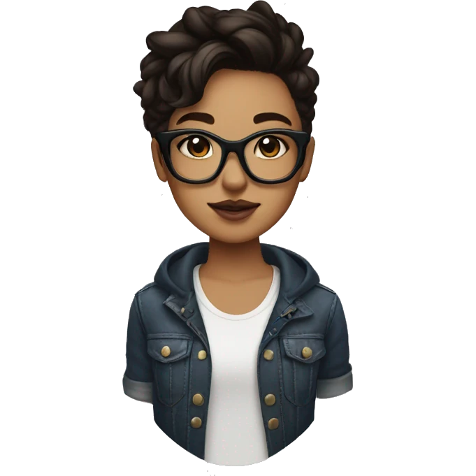 Tomboy fair in colour with black bold glasses with dark brown hair  and in right ear piercing with thunder shape stud emoji
