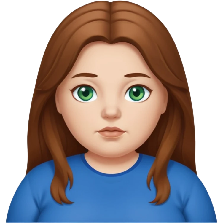 Overweight white girl with blue green eyes. with brown long hair and blue clothes  emoji