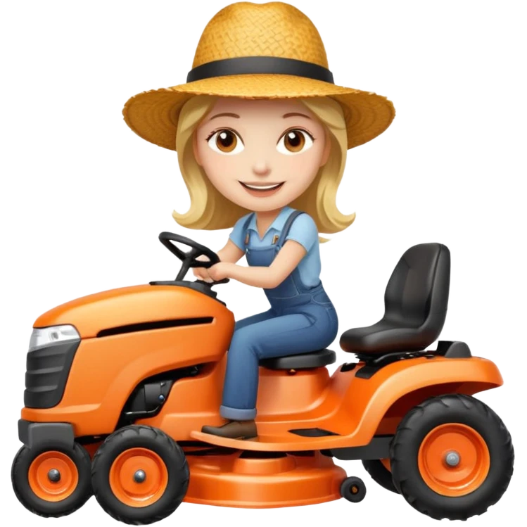 White woman without glasses wearing a straw hat, on orange ride on lawn mower.  emoji