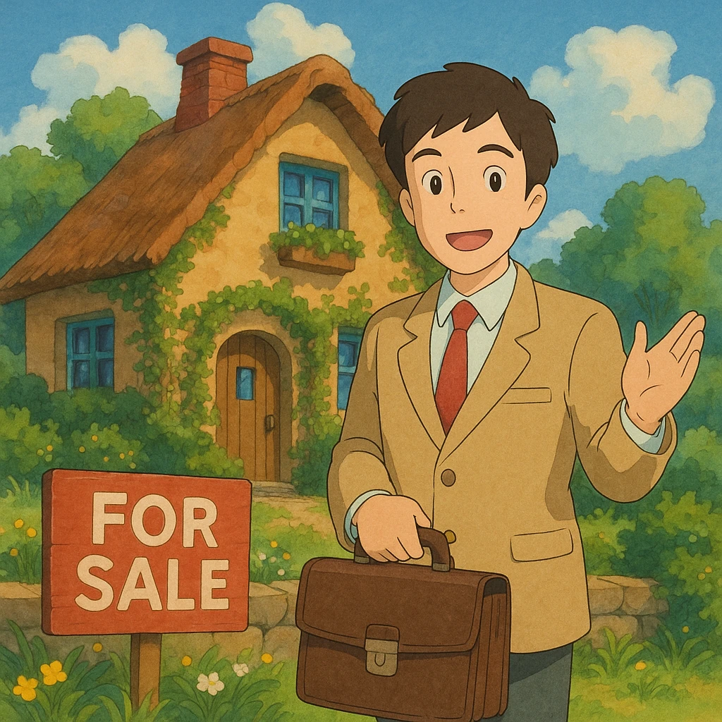 ghibli style illustration of a person showing a house for sale emoji