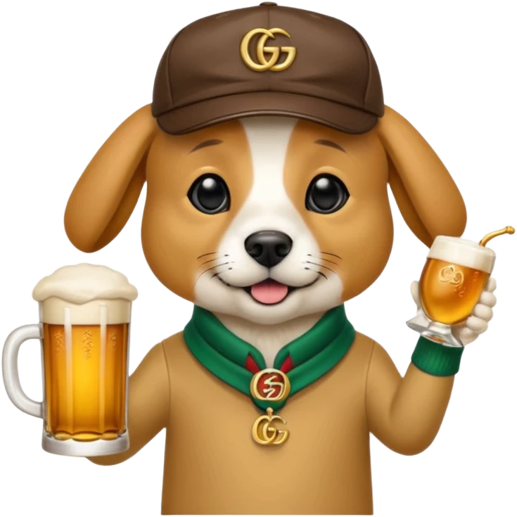 Ein Hund der talahon ist und Bier trinkt mit gucci cap und gucci Tasche  emoji