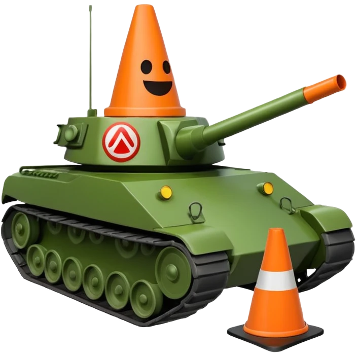 green military tank running over a traffic cone with a face, cone visible under the treads, emoji style emoji