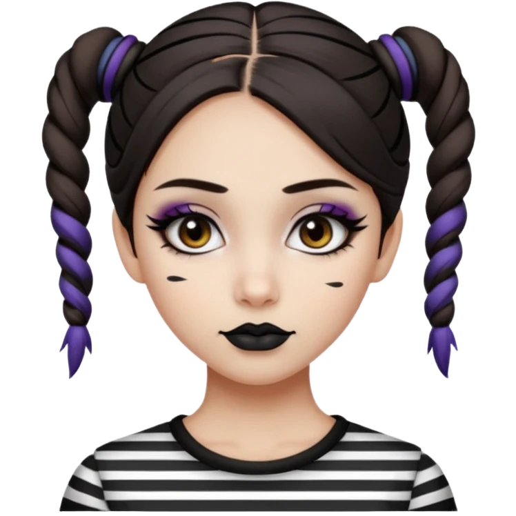 generate a pretty fair bratz girl with dark brown eyes. Dark brown hair straight hair with coloured highlights tied into buns.  eyeliner. black lipstick. Wearing a white and black striped top emoji