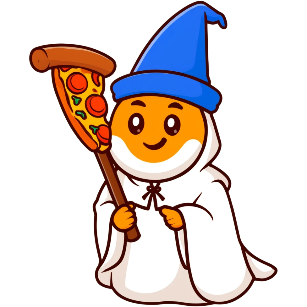 pizza wizard with wooden staff and blue hat emoji
