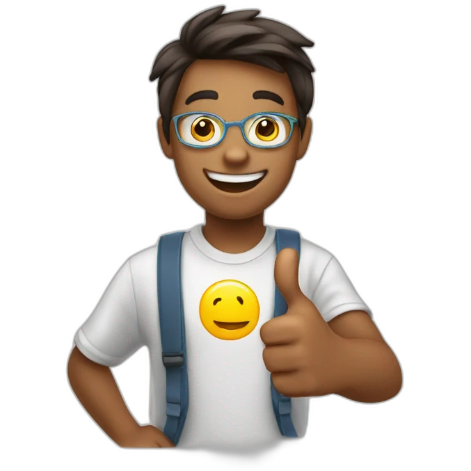 a cheerful student giving a thumbs up to an progress chart emoji