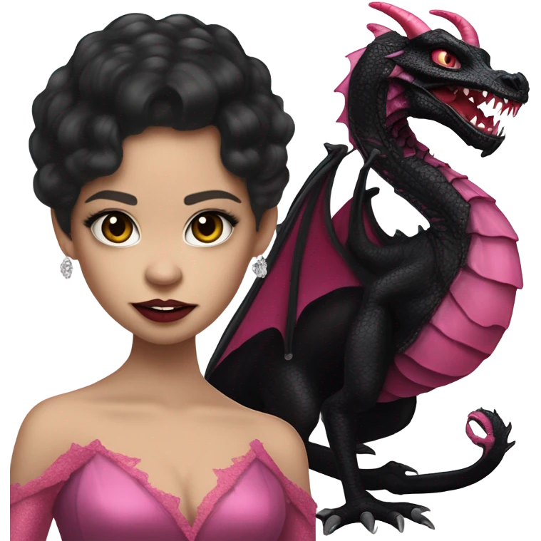 low cut back black evening gown with see-through gloves, Jenna Ortega as Addams woman prom queen wearing a mini tiara, very large blood  pink evil-looking horned old dragon companion emoji