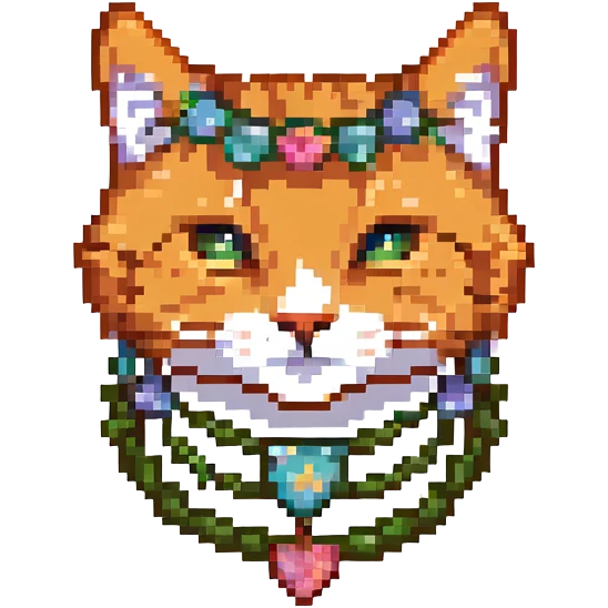 pixel art of the face of a ginger cat decorated with a garland emoji