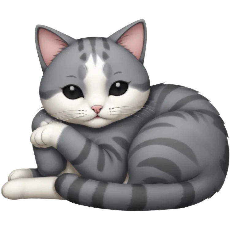 dark grey and white small cat with eyes closed, leaning his head on his paw while leaning on his elbow lying down emoji