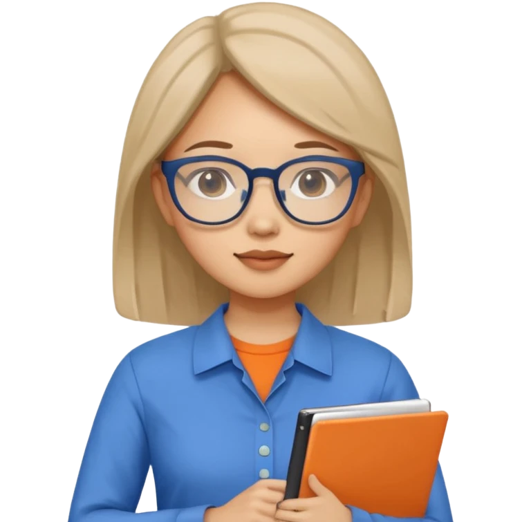 An asian woman with papers and laptop wearing glasses in blue and orange shirt emoji