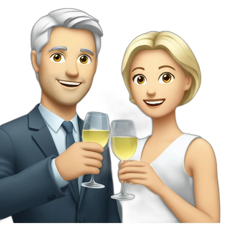 caucasian woman with brown eyes and blond short hair and a caucasian man with blue eyes and grey hair, toasting with a glass of white wine emoji