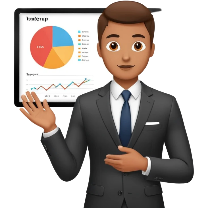 Cool guy in suit presenting a startup pitch deck with charts and graphs emoji