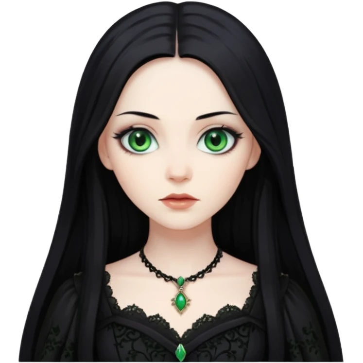 long black hair, green eyes, pale skin, a Gothic dress emoji