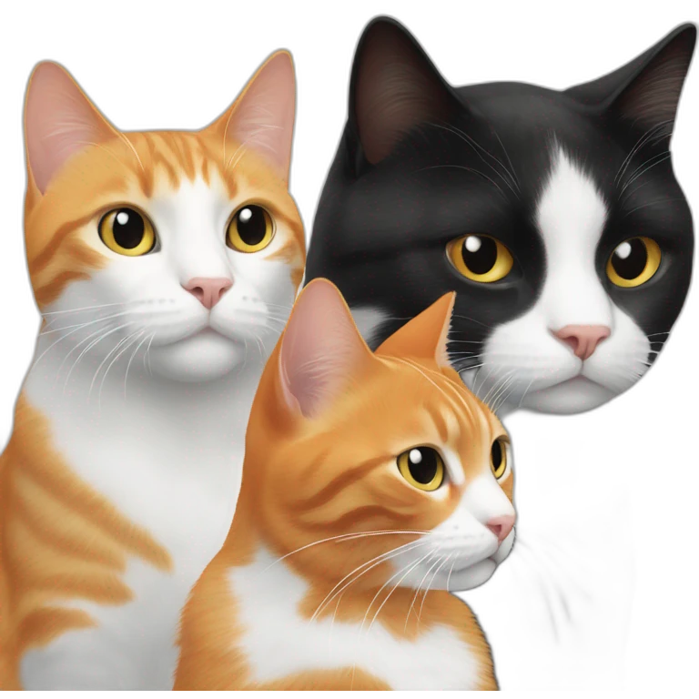 Orange cat with white on face next to two black and white cats emoji