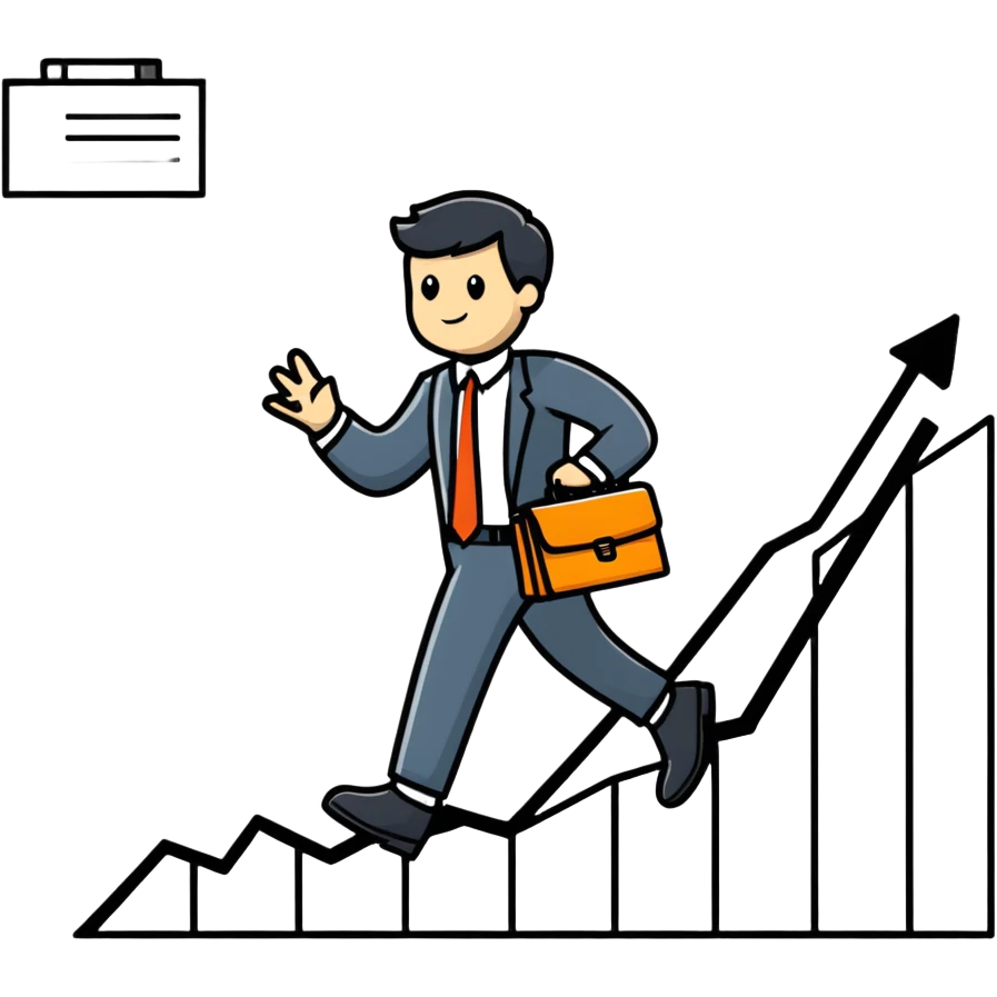 Happy entrepreneur climbing up a business chart graph with briefcase emoji