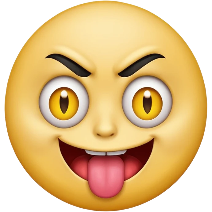 A yellow round face emoji smirking with its tounge out but the eyes are evil and kind of crazy and only one of the eyebrows is raised higher than the other eyebrow emoji