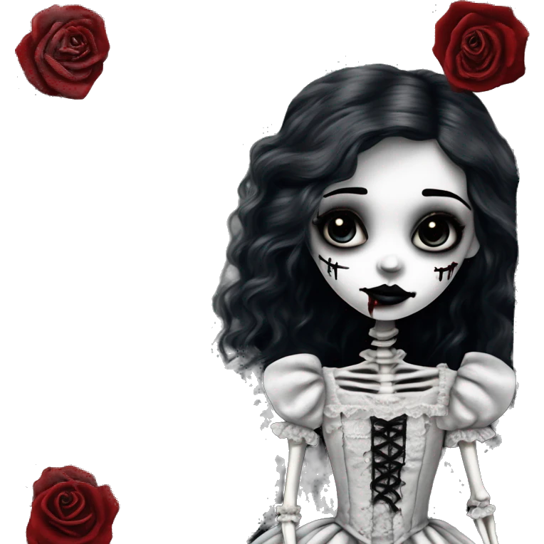 SILVER LANDSCAPE PICTURE WITH FRAME: full body, hyper realism, full height skeleton, tim burton "corpse bride", thin porcelain doll with a cracked face, goth makeup watery eyes, long hair, lace and ruffles, lolita style, inked, black and white, red roses emoji