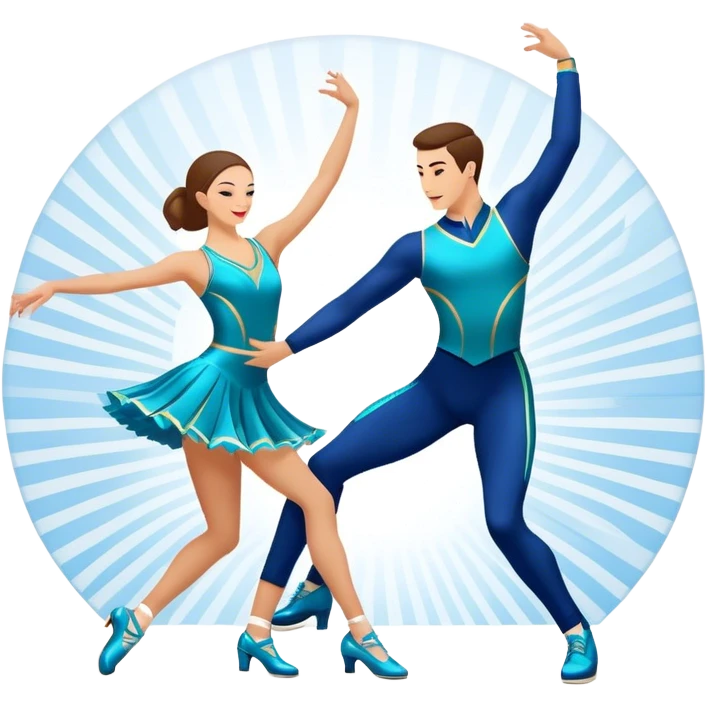Icon for Sports Dance: a couple performing an energetic and synchronized dance, dressed in competitive dance attire, dance shoes, a rhythmically placed dance floor, and a competition backdrop. The icon should capture the athleticism, technique, and precision of sports dance. Transparent background. emoji
