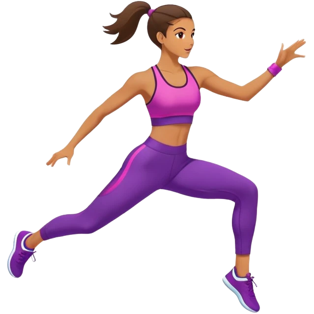 A person in activewear performing an energetic aerobics move, mid-jump, in a bright gym. The background is simple and clean, focusing on the movement and coordination. The style is vibrant, energetic, and motivating. emoji