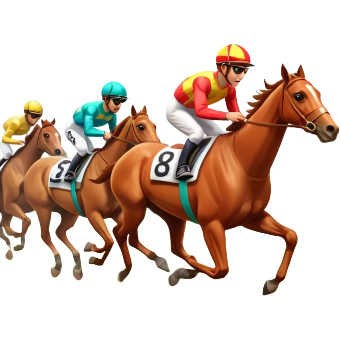 A 3D cartoon horse race scene with jockeys in motion, grassy track, bright daylight, Memoji-style rendering. emoji