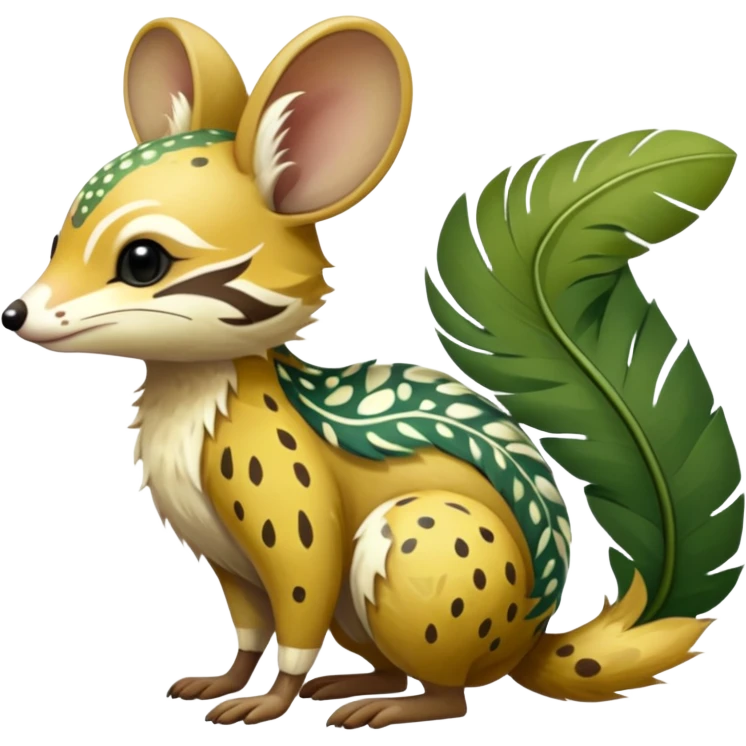 Tropical Exotic Colorful Beige-yellow, Jade-green, white specks, Floral Feathery Numbat-Bilby-Quoll-Furret-Fakémon-furry-fursona-creature (full body) with tribal markings emoji