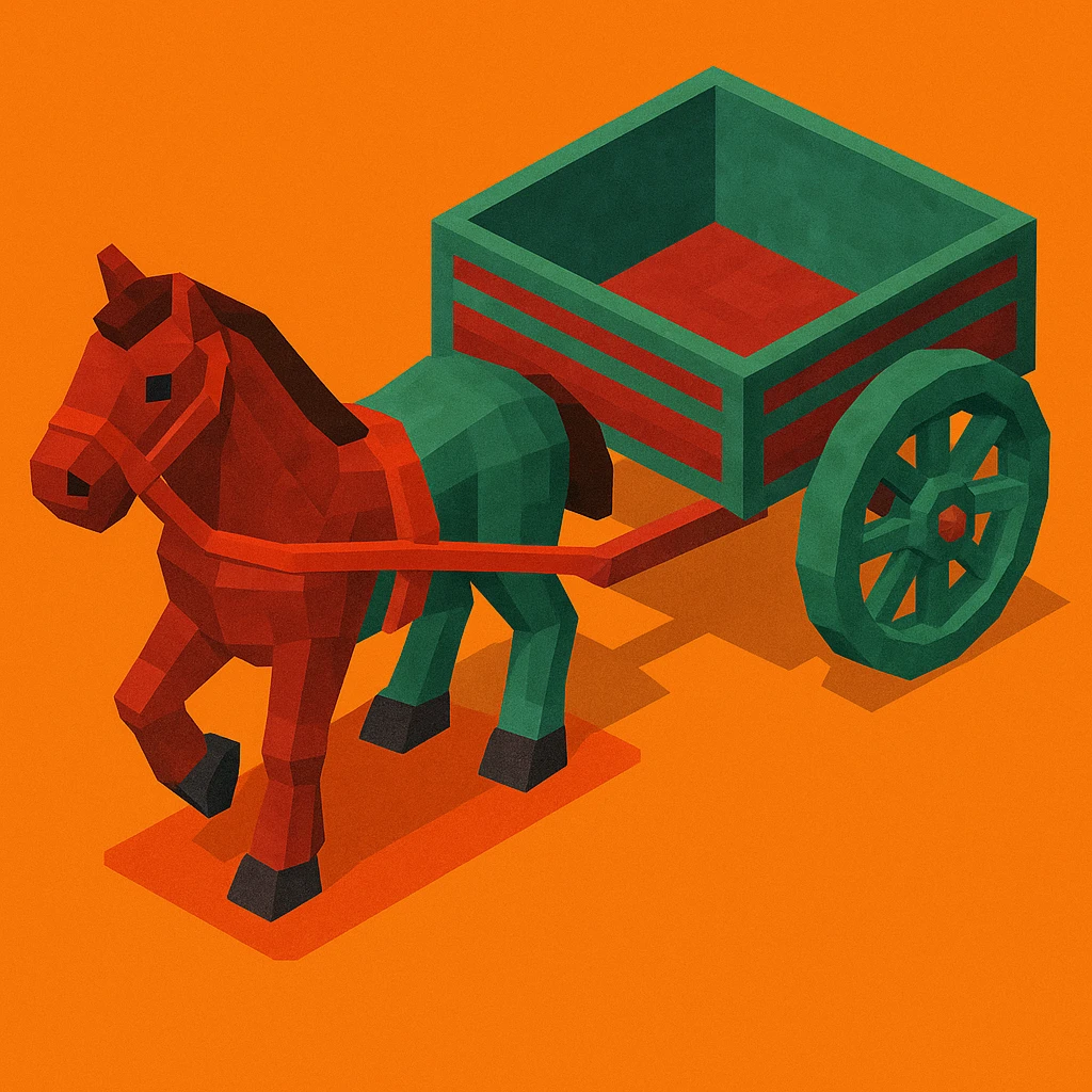 Isometric horse and cart with color variation: red and teal, keep original style low poly 3d. emoji