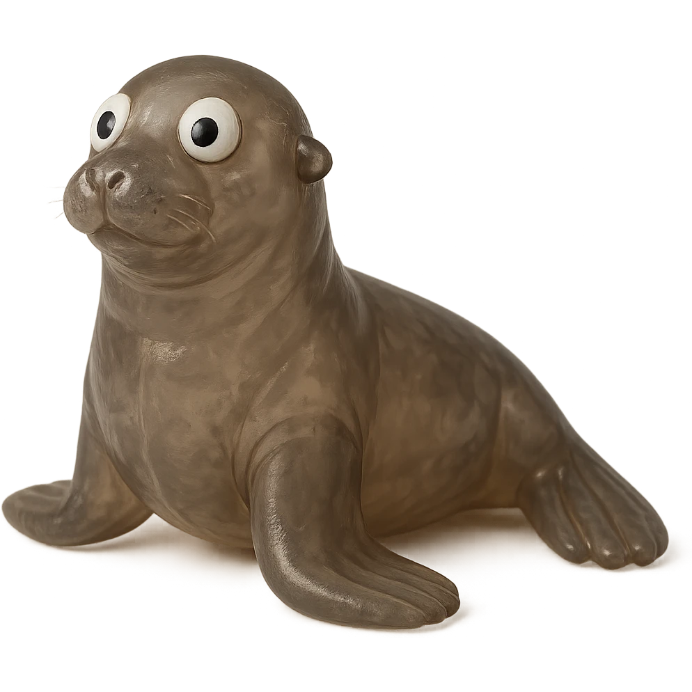 hyper-detailed retro 90's toy style see-through very transparent natural brown or gray plastic sea lion with derpy eyes soft plastic soft reflections soft and squishy some cloudiness not shiny highly detailed appealing no tag no background emoji