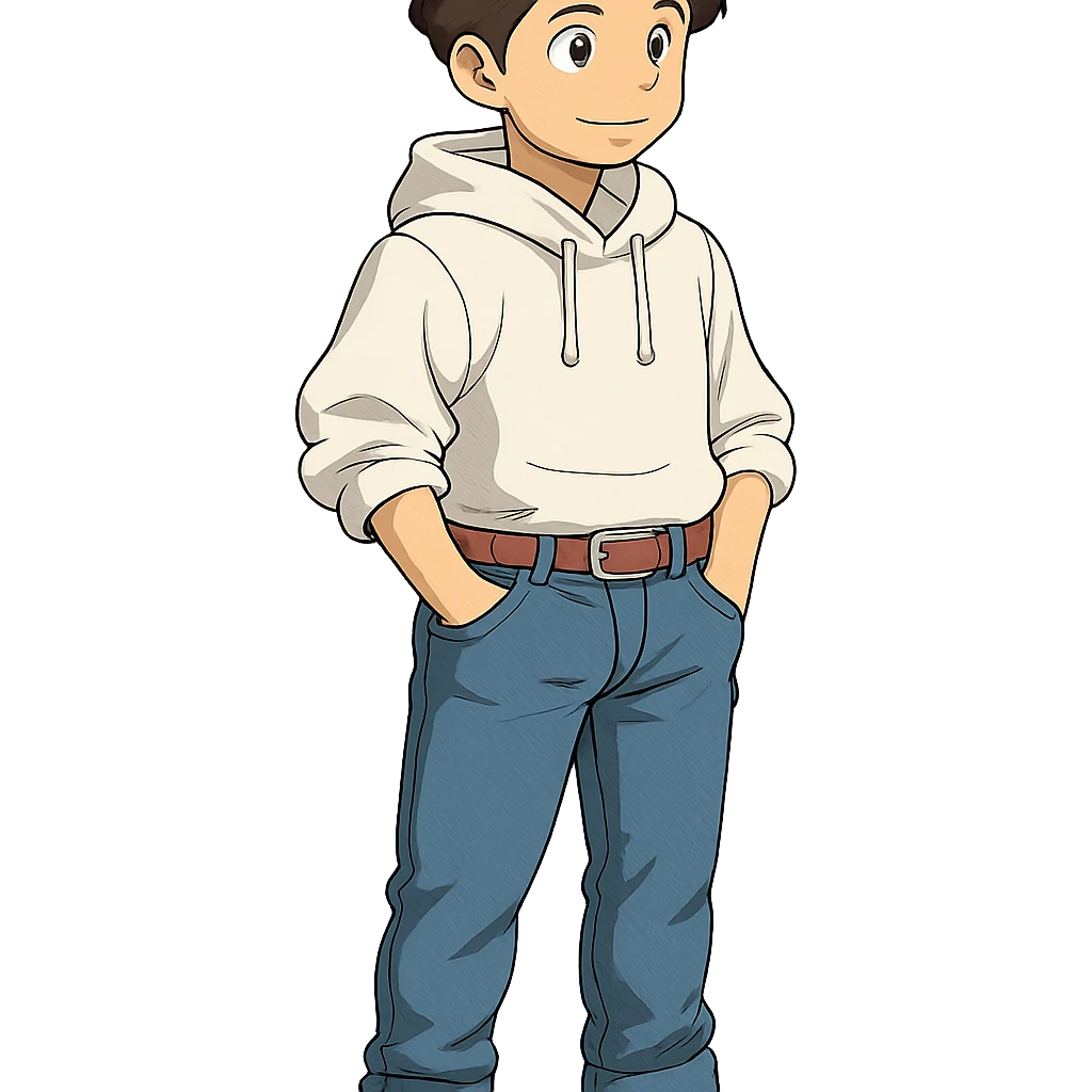 1 male, mid fade haircut dark chestnut brown curly hair, toasted lightskin, white hoodie sleeves up, fashion jeans, red fashion-sneakers shoes, red belt,  style of deku from "my hero academia" emoji