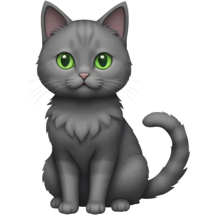 full body view of beautiful female solid dark grey cat with green eyes, grey face, white toes/paws and small white patch on her chest emoji