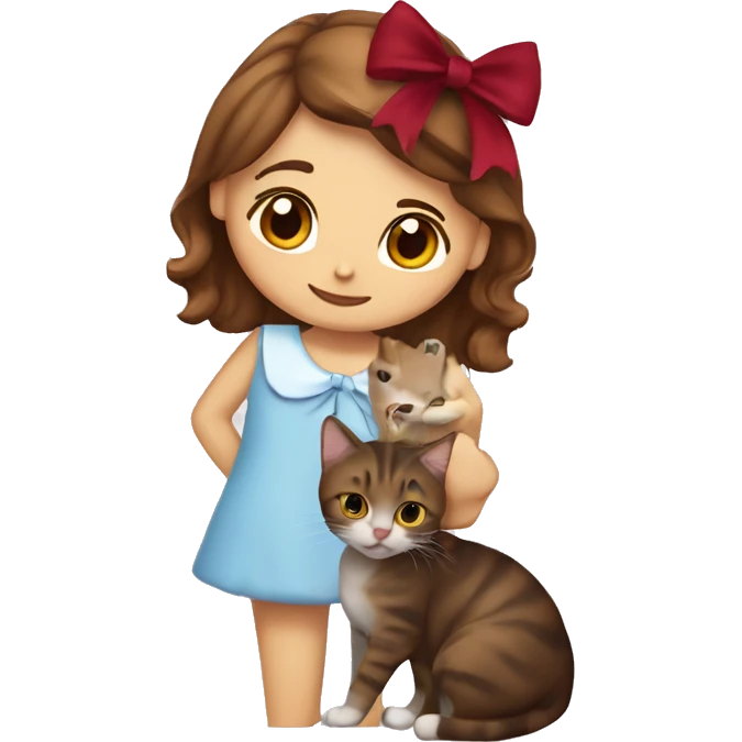 A girl with brown hair en brown eyes hugging a tabby cat kitten with a wine red bow on her head emoji