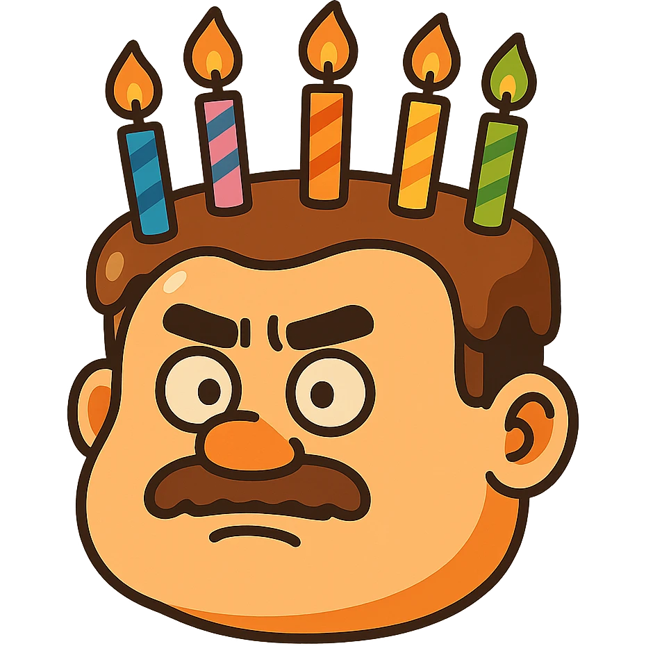 cartoon style cake shaped like Bald Qiang's head with birthday candles emoji