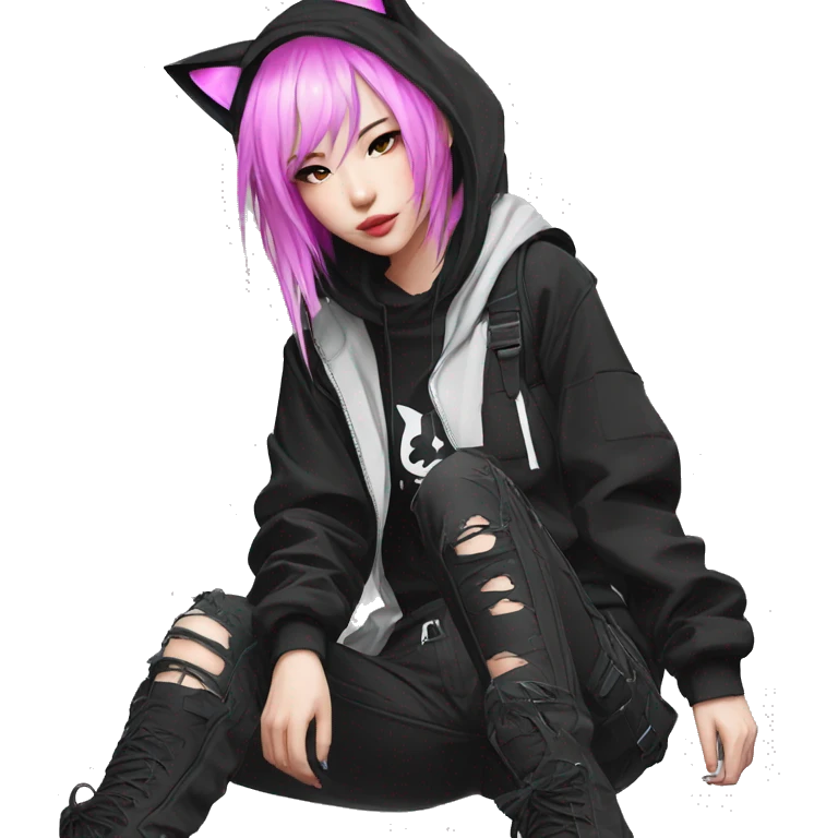Edgy beautiful pretty anime punk tomboy with cat ears techwear cargo pants hoodie emoji