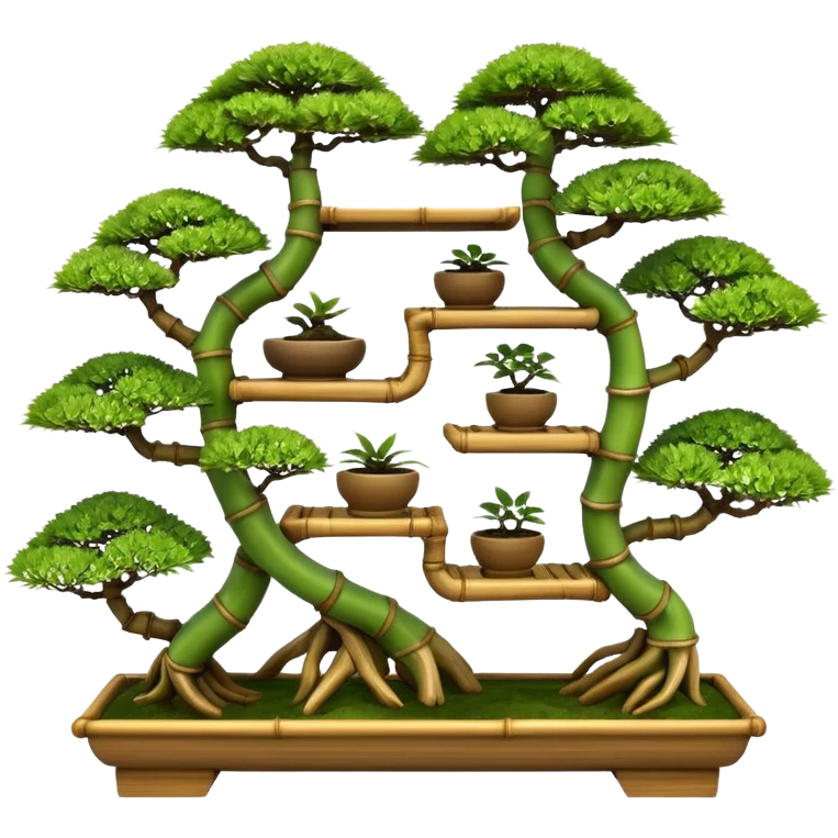 Twisted bamboo shelving unit with bonsai plants(in shallow bonsai pots) because they have too many  emoji