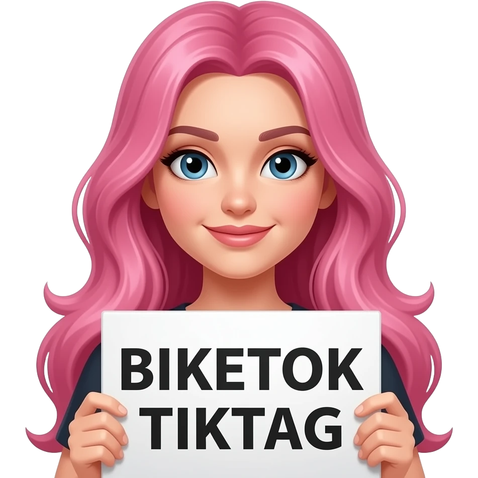 sexy girl with long pink hair holding a BIKETOK TIKTAG sign emoji
