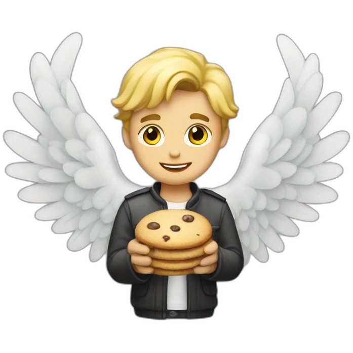 a blond guy with angel wings and a cookie in his hands emoji