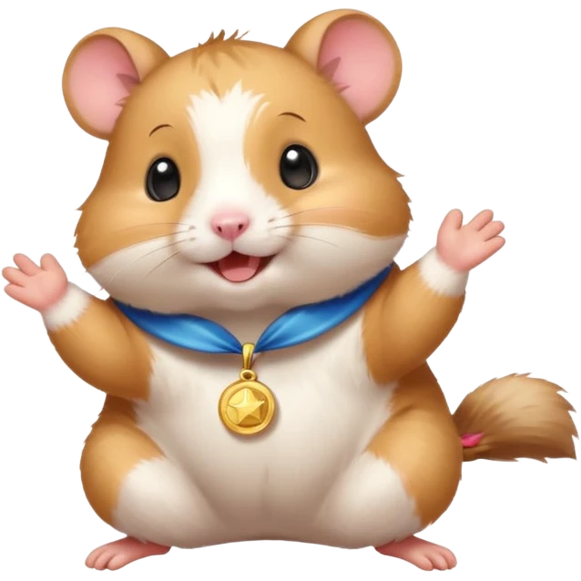 Cute cartoon-style hamster throwing confetti, holding a tiny medal, joyful expression. Painterly shading, white background, sticker-style illustration emoji