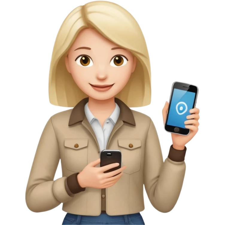 woman casual clothes holding just one phone in one hand and the other hand empty emoji