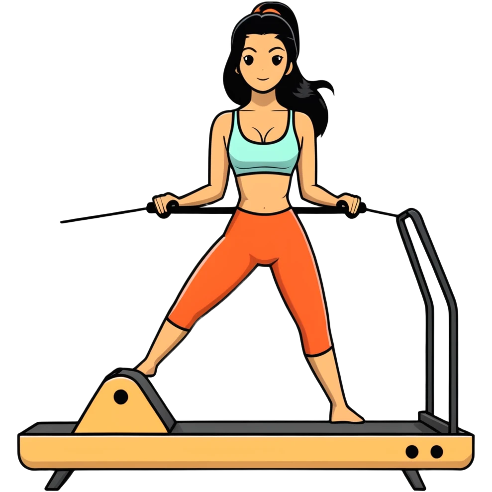 woman with bra, tanned long black hair, doing Pilates reformer emoji