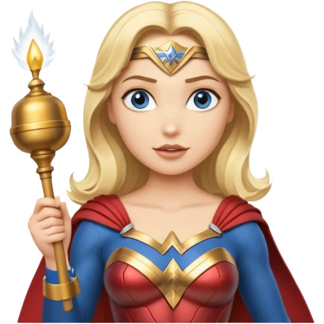 Blonde blue eyes Wonder Woman holding bell and short white conductor baton emoji