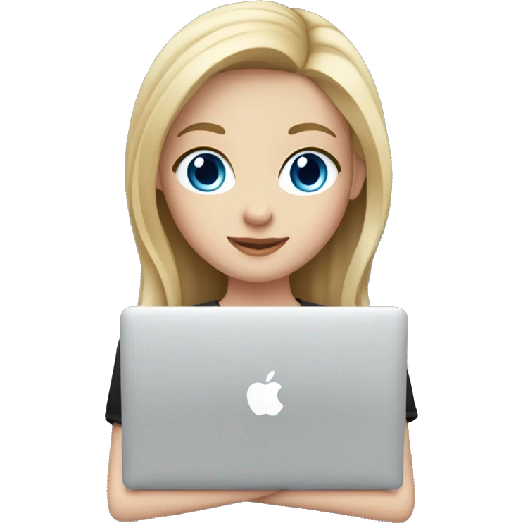 a girl with fair skin, light hair and blue eyes in a black shirt holds a MacBook emoji