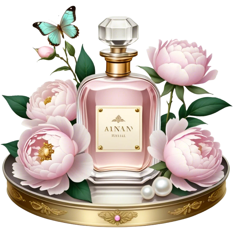 A dreamy still life of a vintage perfume bottle collection with golden embellishments, set on an antique silver tray, surrounded by lush white peonies and soft pink roses, with an iridescent pearl butterfly perched on a golden stopper.
 emoji