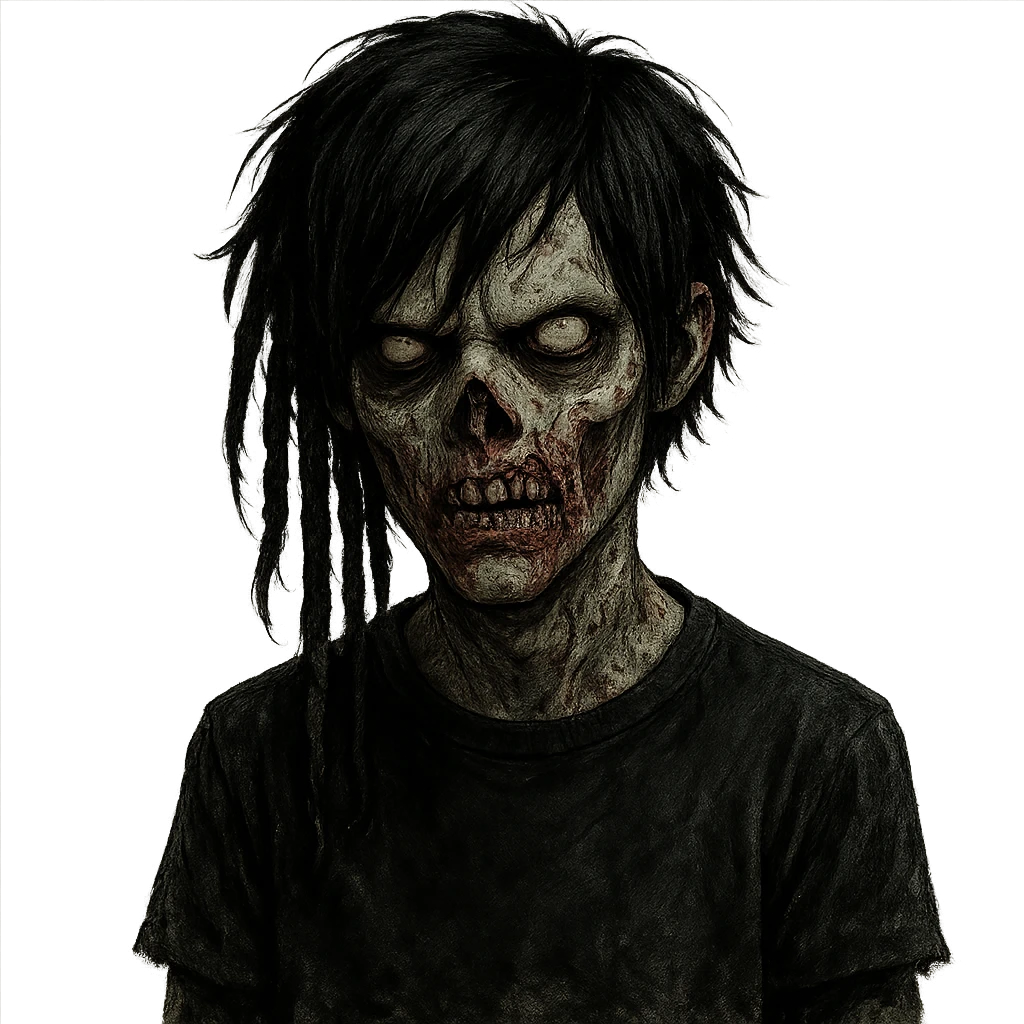 zombie boy with black medium hair with dreads, emo style, dark and spooky, creepy expression emoji