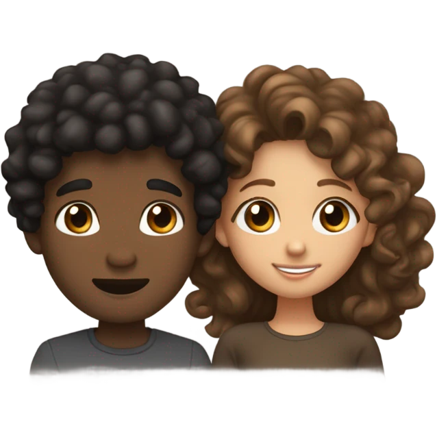 curly guy with black hair, brown eyes, dark skin kisses girl with light brown hair, brown eyes and white skin emoji