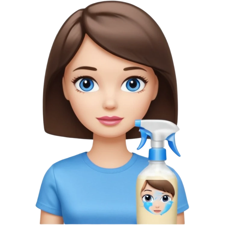 Barbie girl with makeup, blue eyes , and bob long haircut, short brown hair in creamy color T-shirt, face Wash Cream emoji