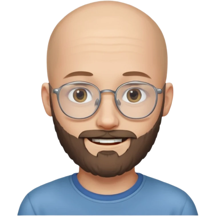 молодой парень 18 лет, лысый, с густой бородой и очень тонкими очками. У него серые глаза, и он выглядит как ребенок, несмотря на свой возраст. emoji