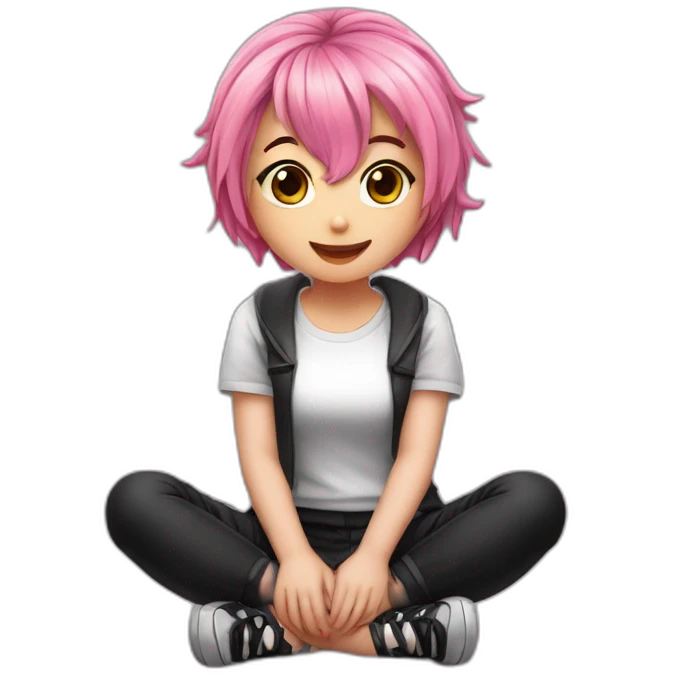 Full body Front view curvy emo girl pink hair sits on the floor straight view hands up black skirt полосатые рваные чулки emoji