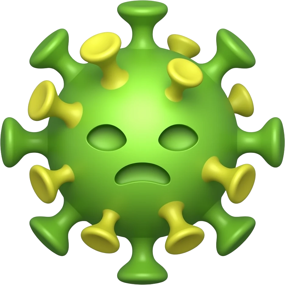 Minimalist flat design icon of a stylized virus shape, simple and clean, not scary, modern vector style, soft gradient (green and yellow), no text, transparent background emoji